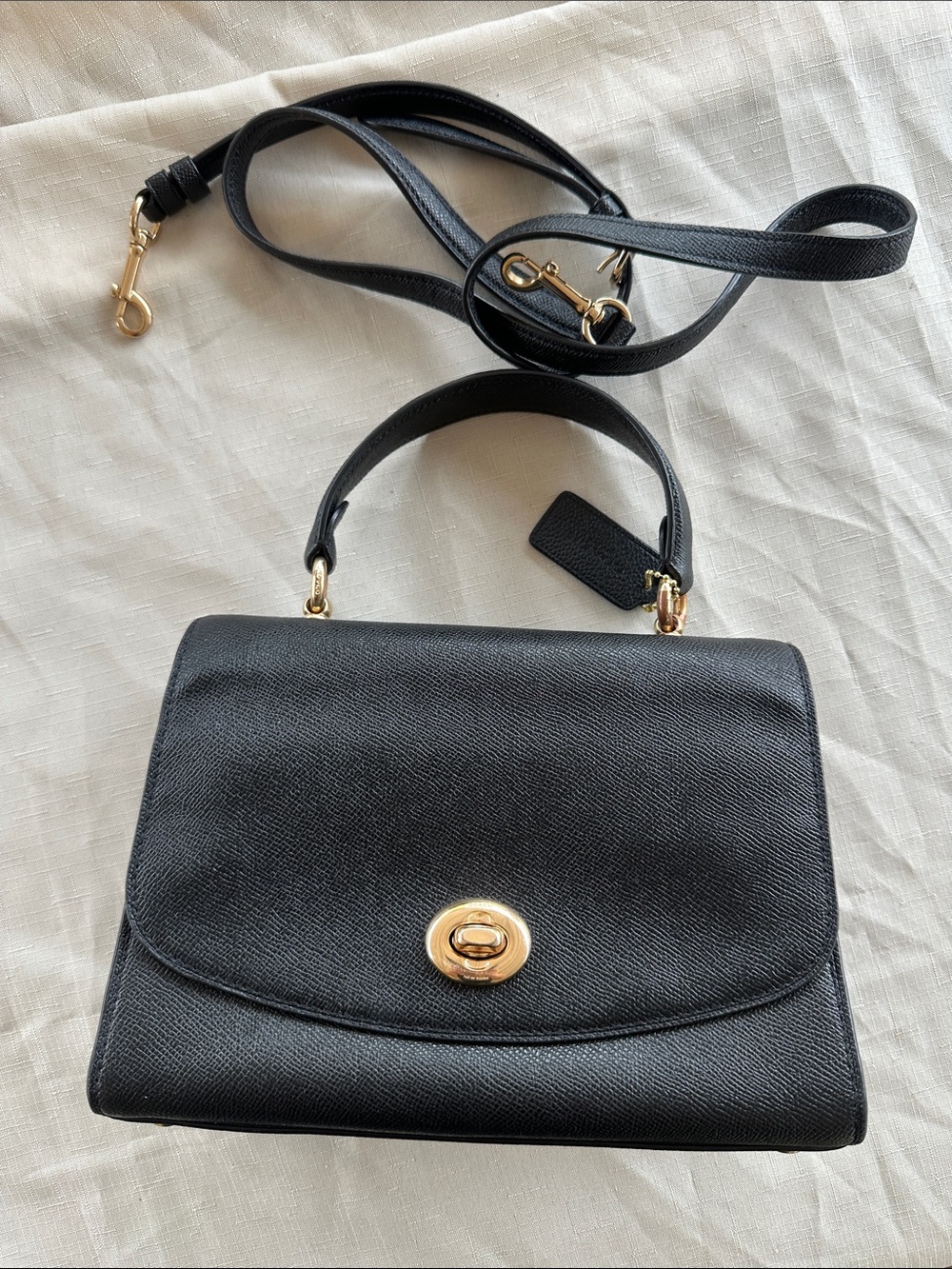 Coach Tilly Black Leather Top-Handle Satchel with Gold Hardware